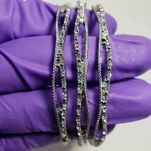 Stylish Set of 3 Textured Silver-Tone Sparkle Crystal Bracelets - Elegant Women